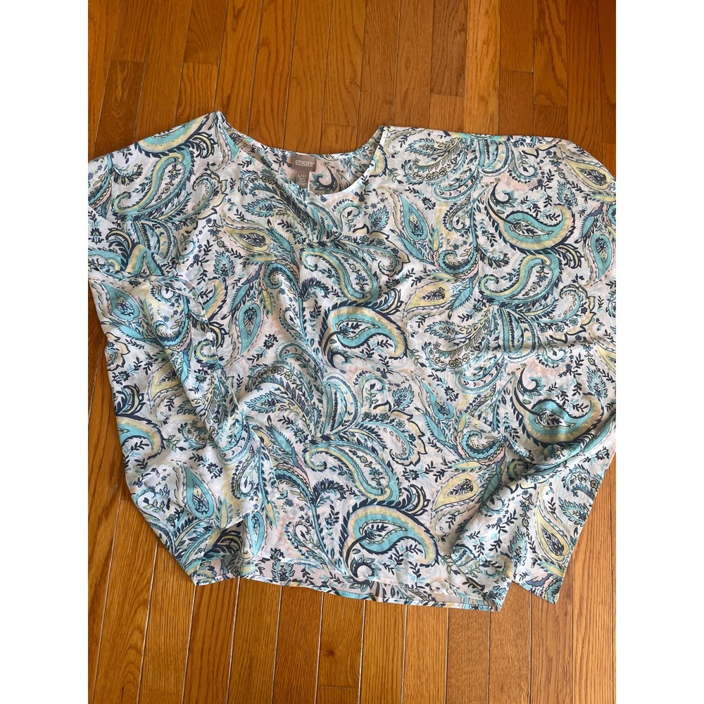 Chicos Kimono Top Womens L/XL AOP‎ Paisley Boho Cover Up Popover Poncho Peasant